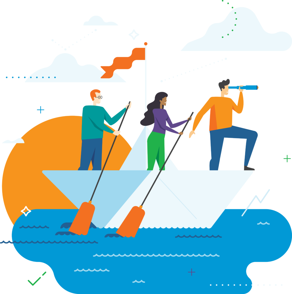 animation of three people on a boat illustrating how to increase team performance